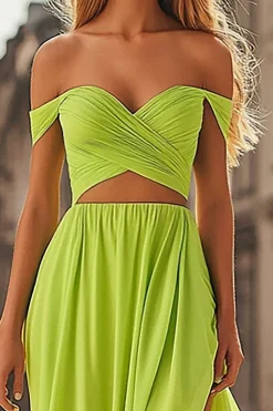Limão Verde 2-Piece Off The Shoulder Cut out Vestido de Baile com Fenda