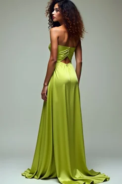 Limão Verde Uma Linha Strapless Hollow out Vestido Formal Longo Com Fenda