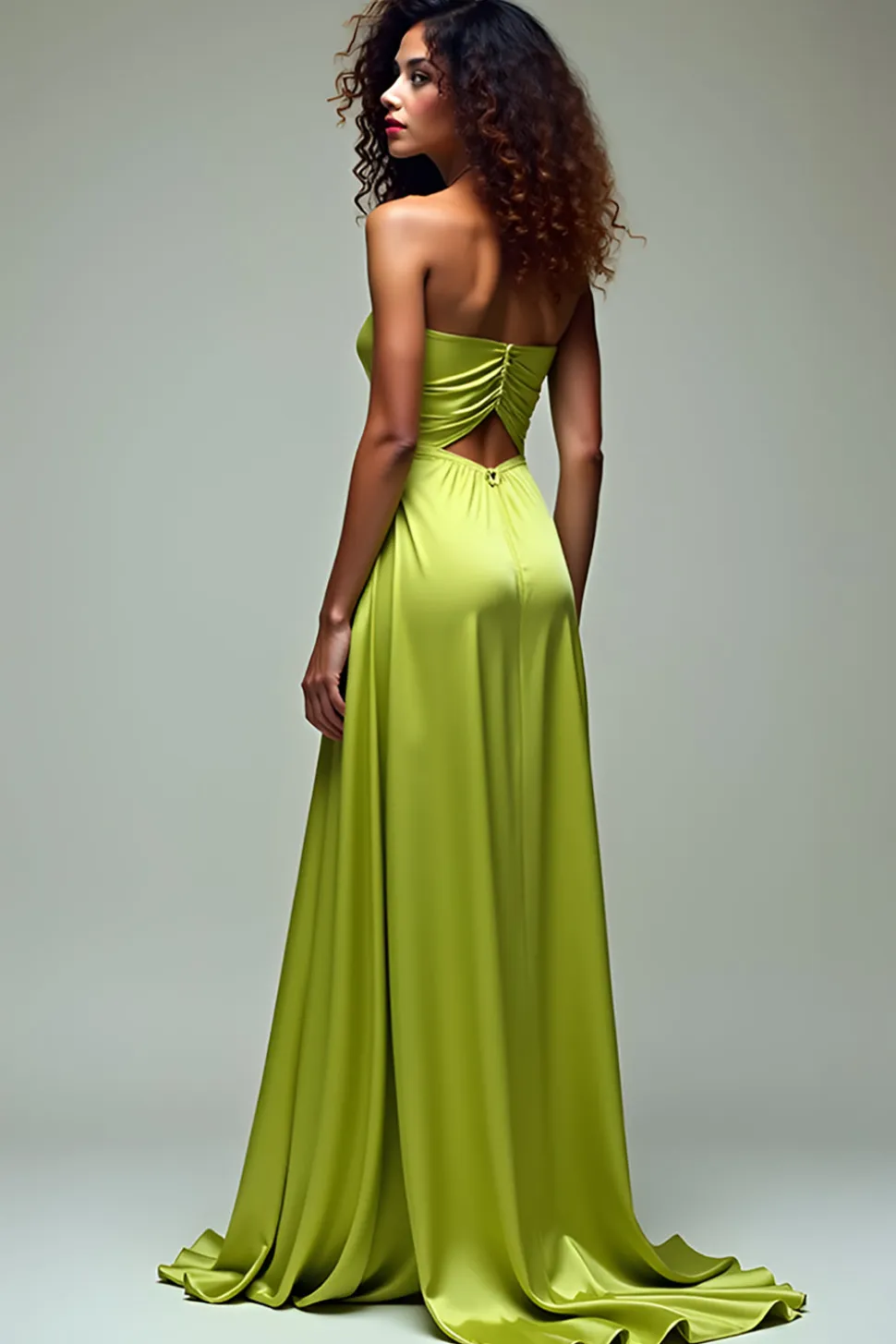Limão Verde Uma Linha Strapless Hollow out Vestido Formal Longo Com Fenda