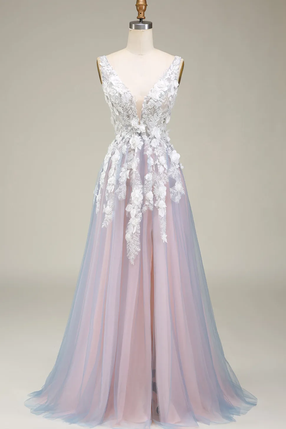 Lindo A Line Deep V Neck Grey Pink Long Prom Dress com Appliques