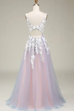 Lindo A Line Deep V Neck Grey Pink Long Prom Dress com Appliques