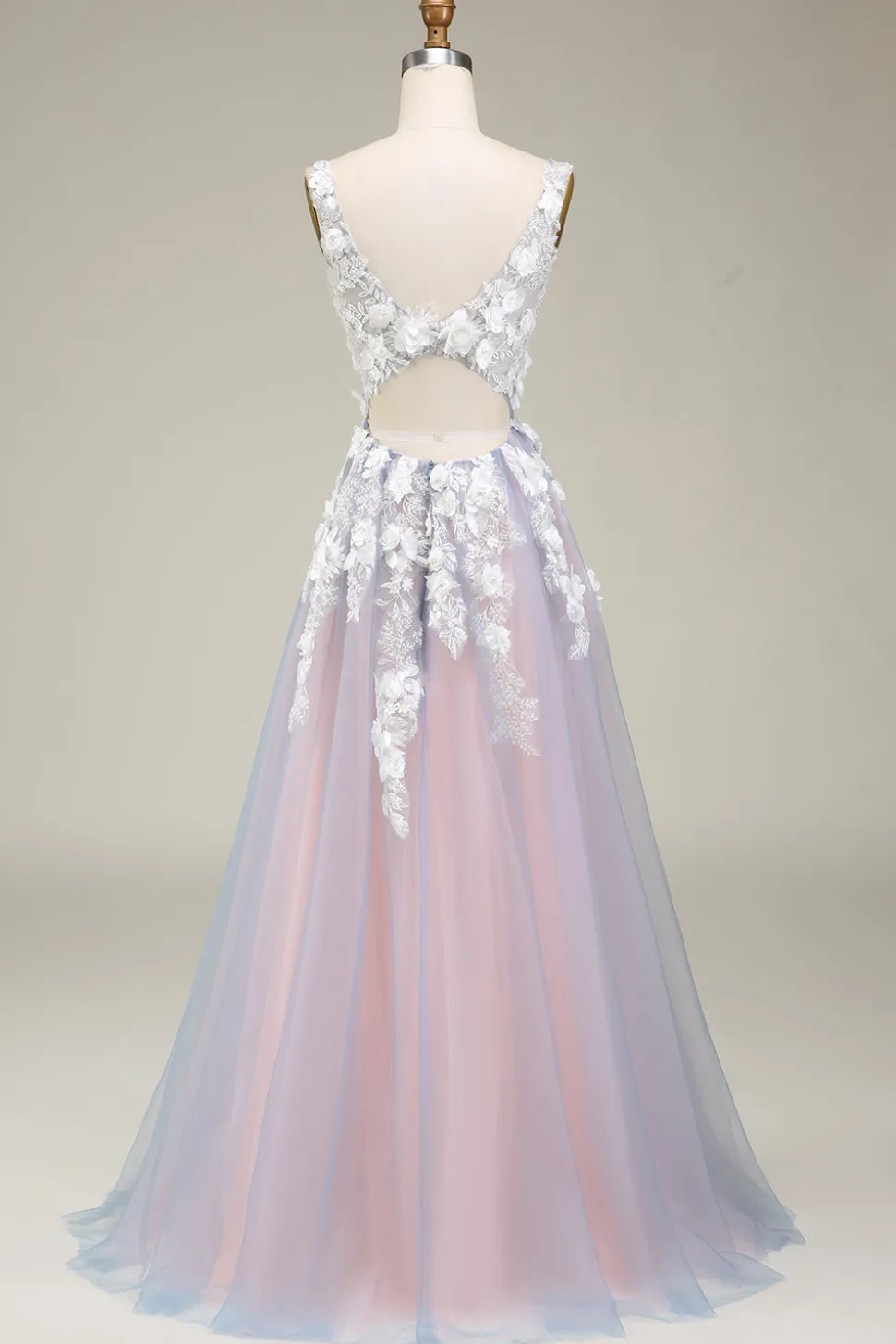 Lindo A Line Deep V Neck Grey Pink Long Prom Dress com Appliques