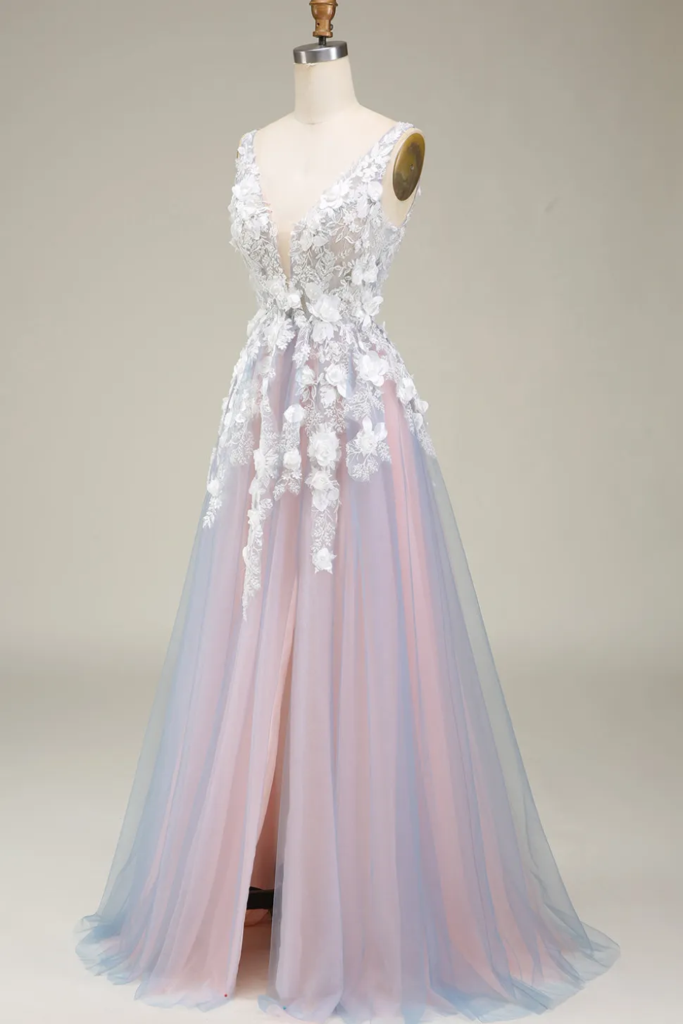 Lindo A Line Deep V Neck Grey Pink Long Prom Dress com Appliques