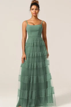 Lindo A Line Espaghetti Correias Eucalipto Tule Longo Vestido Madrinha