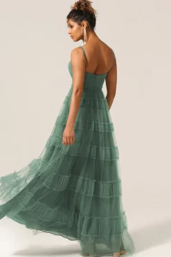 Lindo A Line Espaghetti Correias Eucalipto Tule Longo Vestido Madrinha