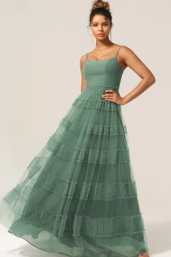 Lindo A Line Espaghetti Correias Eucalipto Tule Longo Vestido Madrinha