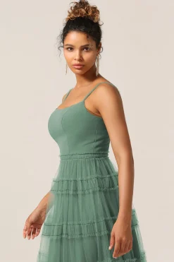 Lindo A Line Espaghetti Correias Eucalipto Tule Longo Vestido Madrinha