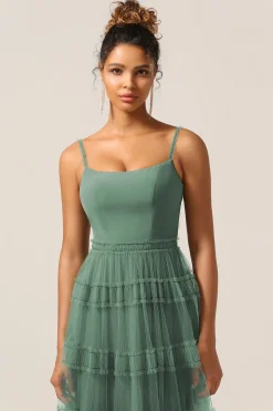 Lindo A Line Espaghetti Correias Eucalipto Tule Longo Vestido Madrinha