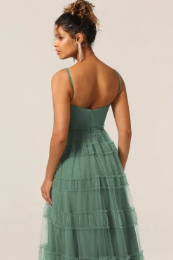 Lindo A Line Espaghetti Correias Eucalipto Tule Longo Vestido Madrinha
