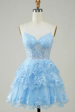 Lindo A Line Espaghetti Correias Azul Escuro Espartilho Brilhante Homecoming Dress