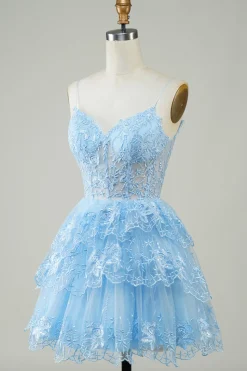 Lindo A Line Espaghetti Correias Azul Escuro Espartilho Brilhante Homecoming Dress