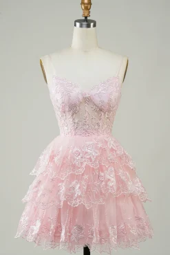 Lindo A Line Espaghetti Correias Azul Escuro Espartilho Brilhante Homecoming Dress