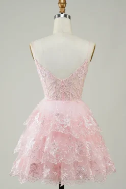 Lindo A Line Espaghetti Correias Azul Escuro Espartilho Brilhante Homecoming Dress