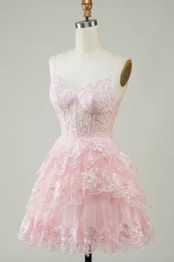 Lindo A Line Espaghetti Correias Azul Escuro Espartilho Brilhante Homecoming Dress