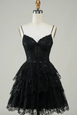 Lindo A Line Espaghetti Correias Azul Escuro Espartilho Brilhante Homecoming Dress