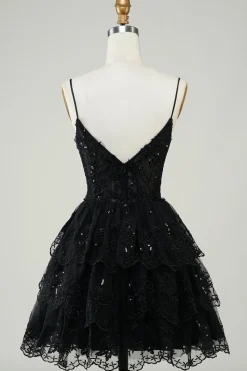 Lindo A Line Espaghetti Correias Azul Escuro Espartilho Brilhante Homecoming Dress