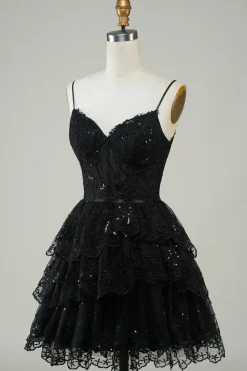 Lindo A Line Espaghetti Correias Azul Escuro Espartilho Brilhante Homecoming Dress