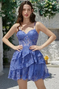 Lindo A Line Espaghetti Correias Azul Escuro Espartilho Brilhante Homecoming Dress