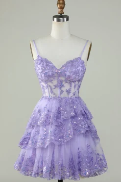 Lindo A Line Espaghetti Correias Azul Escuro Espartilho Brilhante Homecoming Dress