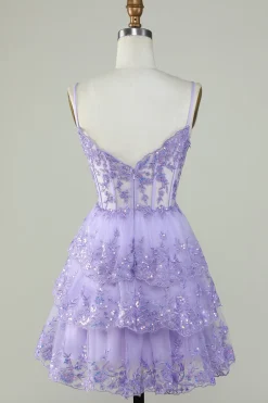 Lindo A Line Espaghetti Correias Azul Escuro Espartilho Brilhante Homecoming Dress