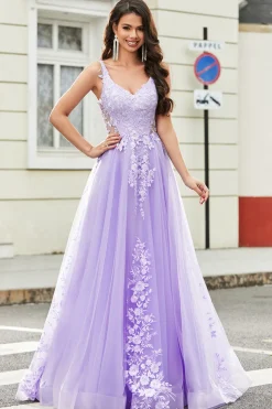 Lindo A Line Espaghetti Correias Lilás Tule Longo Vestido de Baile com Apliques