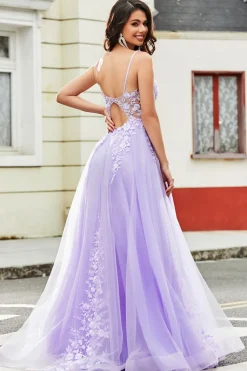 Lindo A Line Espaghetti Correias Lilás Tule Longo Vestido de Baile com Apliques