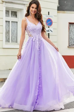 Lindo A Line Espaghetti Correias Lilás Tule Longo Vestido de Baile com Apliques