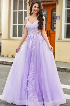 Lindo A Line Espaghetti Correias Lilás Tule Longo Vestido de Baile com Apliques