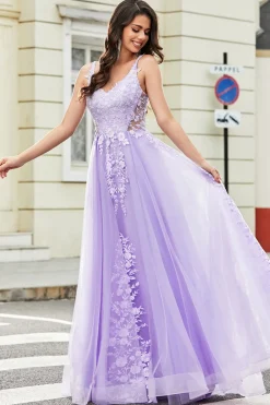 Lindo A Line Espaghetti Correias Lilás Tule Longo Vestido de Baile com Apliques