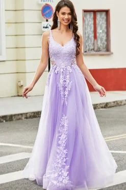 Lindo A Line Espaghetti Correias Lilás Tule Longo Vestido de Baile com Apliques