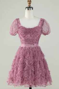 Lindo A Line Floral Dusty Rose Homecoming Dress com Folhos