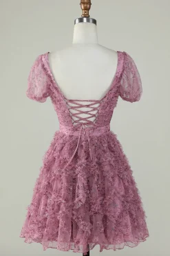Lindo A Line Floral Dusty Rose Homecoming Dress com Folhos
