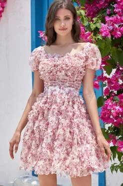 Lindo A Line Floral Dusty Rose Homecoming Dress com Folhos