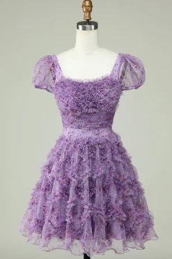 Lindo A Line Floral Dusty Rose Homecoming Dress com Folhos