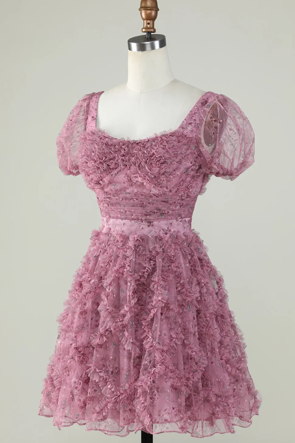Lindo A Line Floral Dusty Rose Homecoming Dress com Folhos