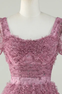Lindo A Line Floral Dusty Rose Homecoming Dress com Folhos
