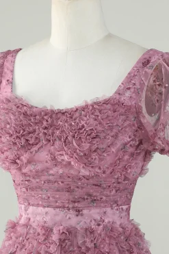 Lindo A Line Floral Dusty Rose Homecoming Dress com Folhos