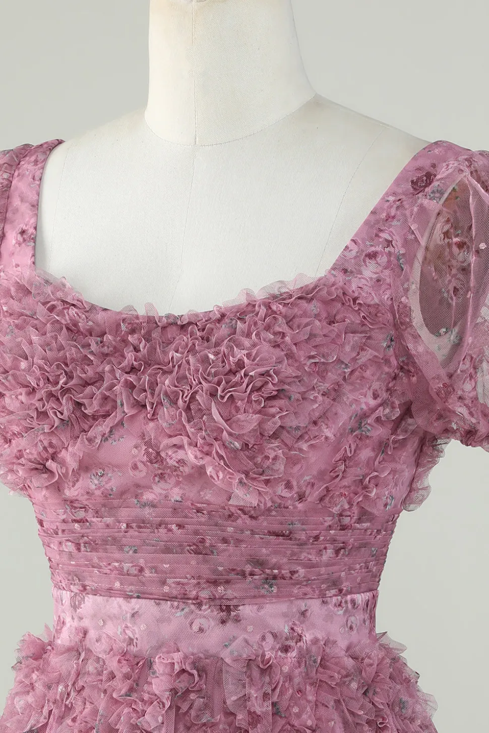 Lindo A Line Floral Dusty Rose Homecoming Dress com Folhos