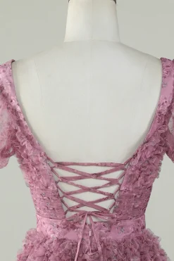 Lindo A Line Floral Dusty Rose Homecoming Dress com Folhos
