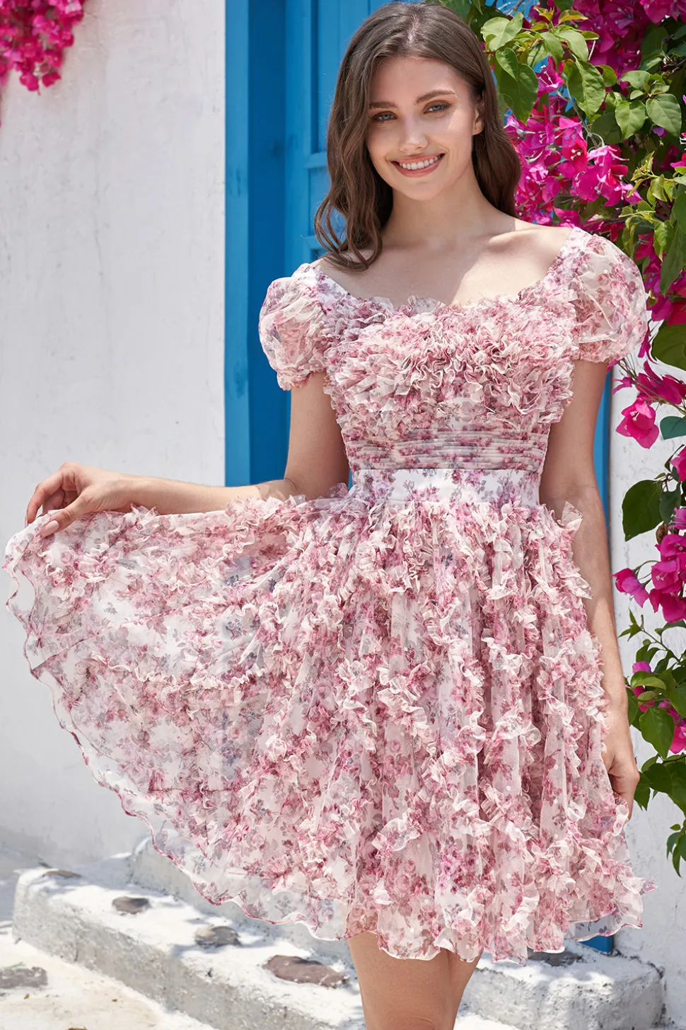 Lindo A Line Floral Dusty Rose Homecoming Dress com Folhos