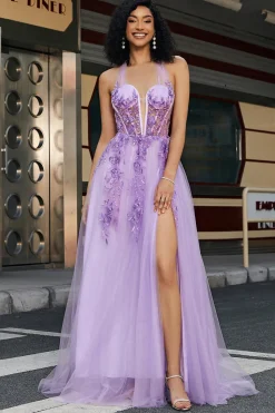 Lindo A Line Halter Neck Grey Purple Corset Prom Dress com Apliques