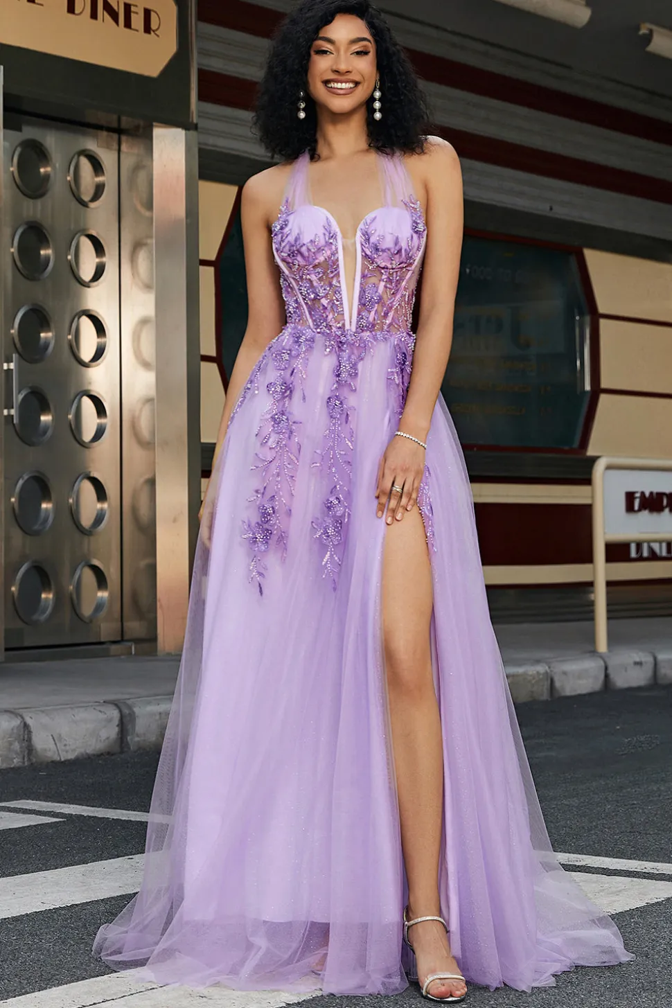 Lindo A Line Halter Neck Grey Purple Corset Prom Dress com Apliques