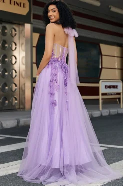 Lindo A Line Halter Neck Grey Purple Corset Prom Dress com Apliques