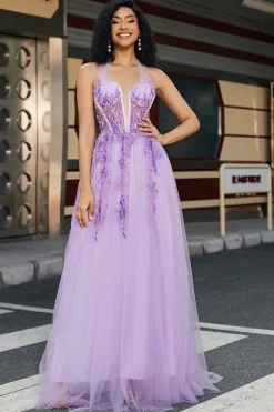 Lindo A Line Halter Neck Grey Purple Corset Prom Dress com Apliques