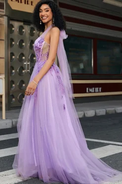 Lindo A Line Halter Neck Grey Purple Corset Prom Dress com Apliques