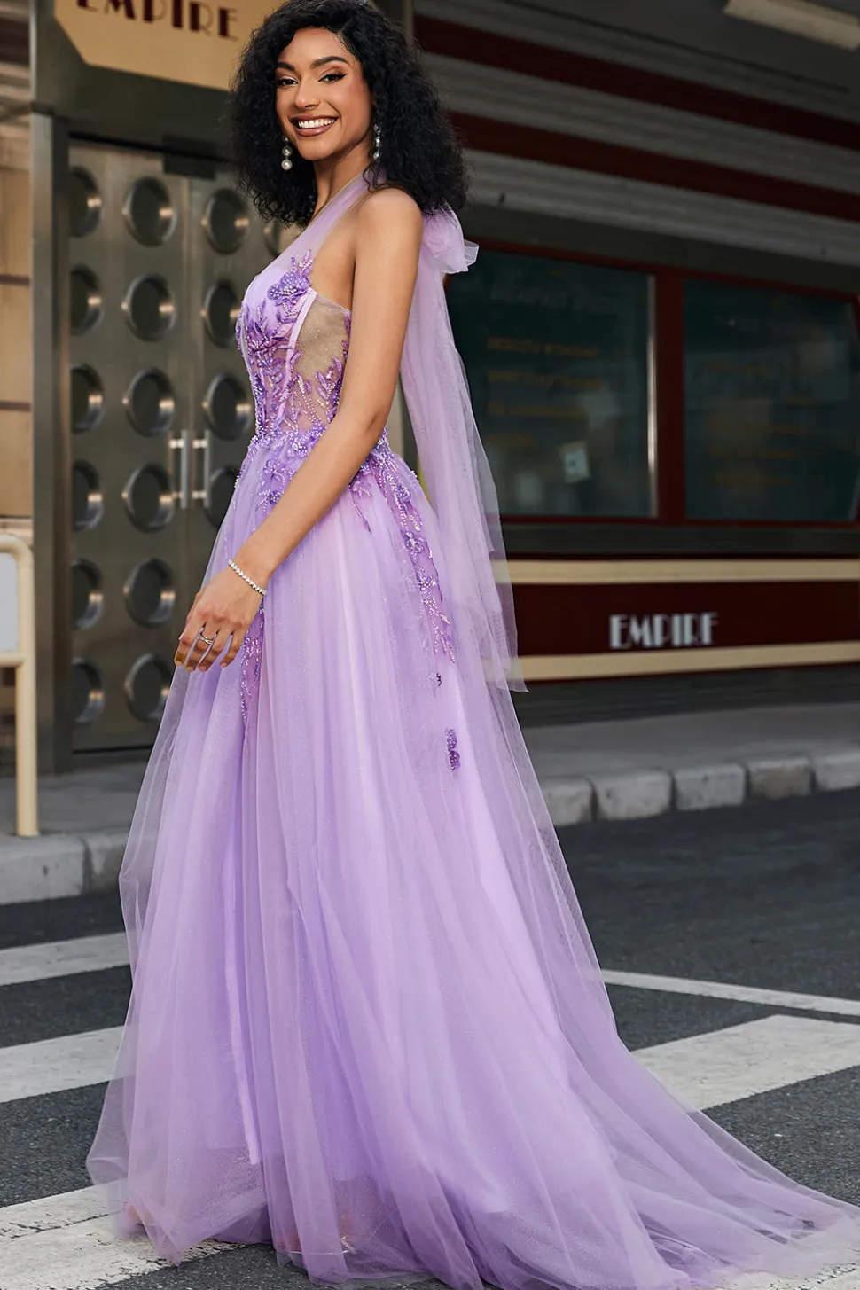 Lindo A Line Halter Neck Grey Purple Corset Prom Dress com Apliques