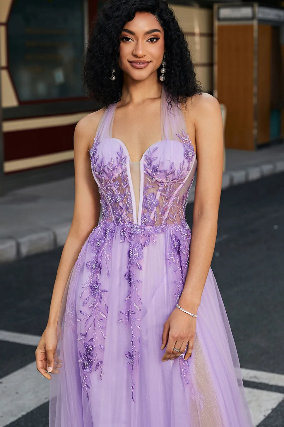 Lindo A Line Halter Neck Grey Purple Corset Prom Dress com Apliques