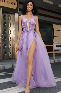 Lindo A Line Halter Neck Grey Purple Corset Prom Dress com Apliques