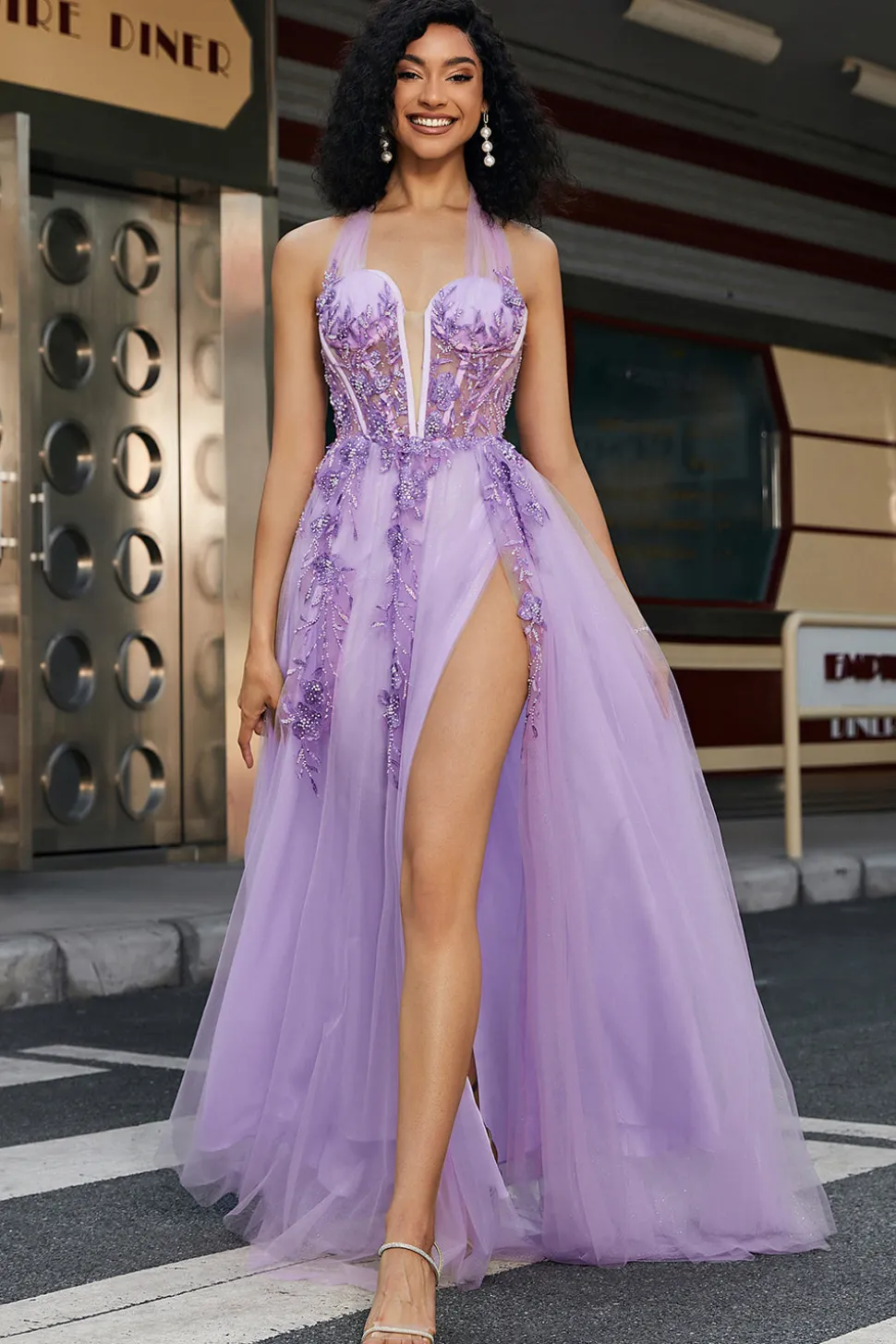 Lindo A Line Halter Neck Grey Purple Corset Prom Dress com Apliques