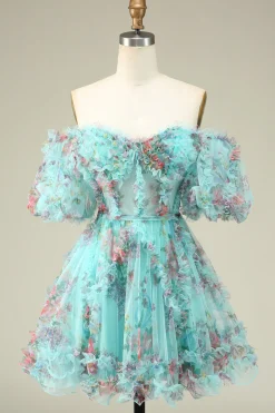 Lindo A Line Off the Shoulder Green Tulle Short Homecoming Dress com mangas curtas